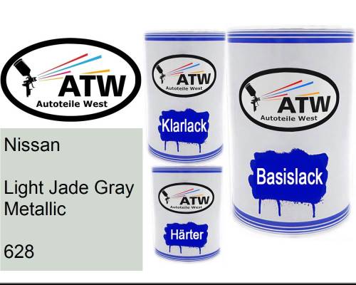 Nissan, Light Jade Gray Metallic, 628: 500ml Lackdose + 500ml Klarlack + 250ml Härter - Set, von ATW Autoteile West.